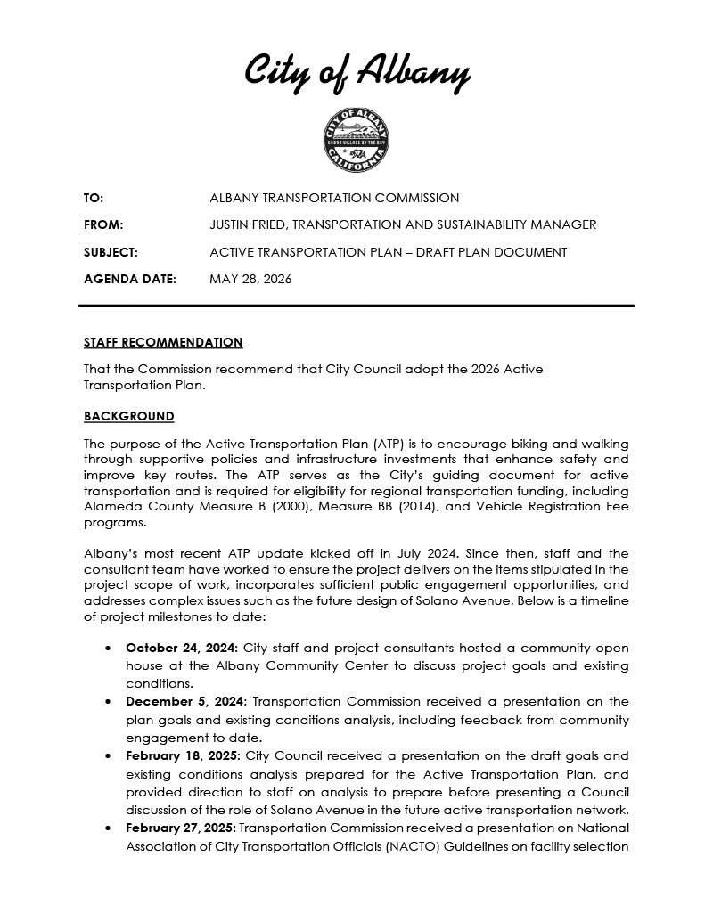Report from Albany City Staff providing overview of proposal and recomendation