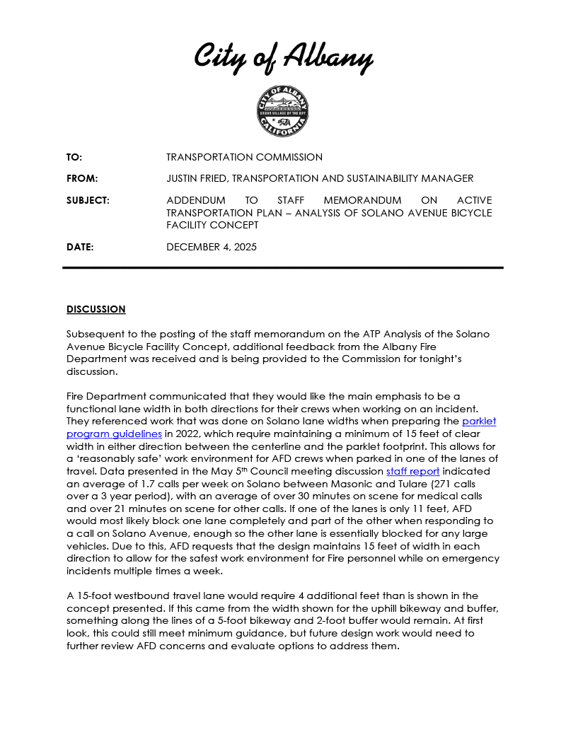Report from Albany City Staff on Fire Department input into project proposal